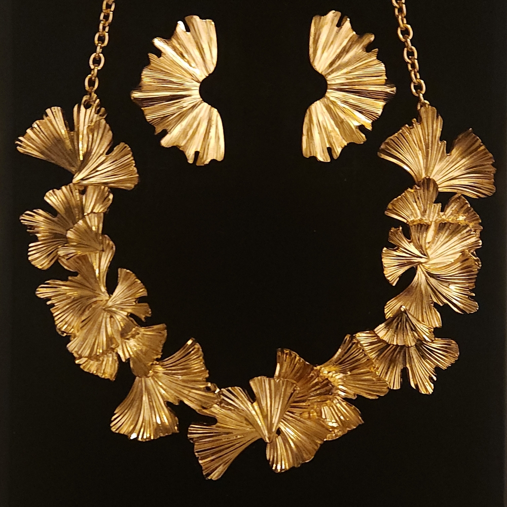 Gold Floral Statement Necklace and Earrings Set